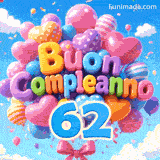 Ondeggiando nella brezza, un grande mazzo di palloncini compone le parole Buon Compleanno e ha il grande numero azzurro 62 attaccato ai nastri in basso.