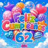 GIF de cumpleaños 62 años presentando un ramillete de globos coloridos con formas de corazones y confeti volador.
