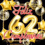 Animación de un GIF con el número 62 en dorado, rodeado de estrellas, burbujas brillantes y la frase 'Feliz cumpleaños' en letras modernas y festivas.