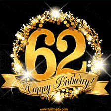 A golden 62nd birthday GIF features a decorative circle and ribbon. The design sparkles with light and gold accents against a black background.