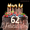 Feliz 62 cumpleaños pastel de chocolate. Imagen (GIF) con pastel y saludo.
