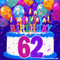 62nd Birthday Cake gif: colorful candles, balloons, confetti and number 62
