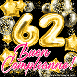 Animazione con palloncini dorati a forma del numero 62, circondati da decorazioni scintillanti e la scritta 'Buon Compleanno!' in caratteri rosa accattivanti.