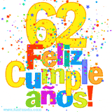GIF festivo lleno de confeti de colores, el número 62 grande en amarillo y la frase 'Feliz cumpleaños' en letras multicolores y brillantes.