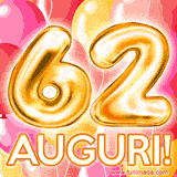 Bouquet animato di palloncini multicolori che emergono da una scatola regalo, con il numero 62 e la scritta 'Tanti Auguri!' su uno sfondo pieno di coriandoli.