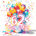 Animated star-shaped confetti, multicolor balloons, and a gift box in a joyful 62nd birthday GIF