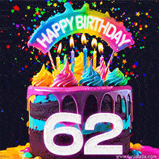 Chocolate cake with cyan layers, pink dressing and a big number 62 adorned with vibrant multicolored frosting, lit candles, and a rainbow topper with text that says 'Happy Birthday'. Animated colorful confetti move behind the cake.