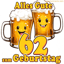 Zwei lustige Bierkrüge mit fröhlichen Gesichtern hüpfen auf und ab. Der Text lautet 'Alles Gute zum 62. Geburtstag'.