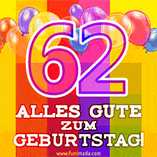 Große Zahl 35 in Umrissschrift, die Worte 'Alles Gute zum 62. Geburtstag', mehrfarbige animierte Ballons und lebendiger Hintergrund.