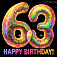 Shiny number 63 birthday celebration balloons with an iridescent glow, animated GIF