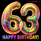 Shiny number 63 birthday celebration balloons with an iridescent glow and glitter on a black background with twinkling stars.
