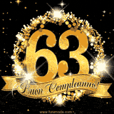 Il numero 63 è circondato da un anello dorato brillante, accompagnato da un nastro elegante con la scritta 'Buon Compleanno!' su uno sfondo scuro.