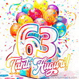 Animazione con palloncini colorati e scintillanti, accompagnata dal numero 63 in caratteri grandi e luminosi, e la scritta 'Tanti Auguri!' in stile vivace.