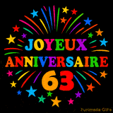 GIF animé 'Joyeux Anniversaire 63' avec des lettres colorées et des feux d'artifice éclatants
