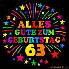 Animiertes GIF 'Alles Gute zum Geburtstag 63 mit bunten Buchstaben und leuchtenden Sternen