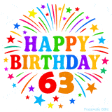 Festive 'Happy Birthday 63' animated GIF with rainbow-colored letters surrounded by fireworks and stars