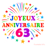 GIF animé joyeux anniversaire 63 ans avec étoiles multicolores et feu d’artifice
