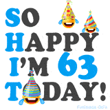 A fun birthday animation celebrating turning 63 with colorful party hats, smiling faces, and cheerful emojis.
