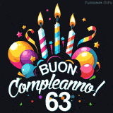Augura buon compleanno ai 63 anni con questa GIF colorata e festosa: palloncini, stelle e candele per un augurio digitale indimenticabile