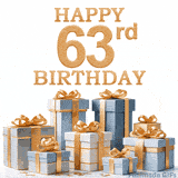 Festive animated eCard with elegant 'Happy 63rd Birthday' text above a pile of luxurious blue, white, and gold gift boxes and presents.