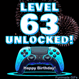 Animated GIF for a 63 birthday. The text 'Level 63 Unlocked!' and 'Happy Birthday!' are displayed over a blue video game controller with exploding fireworks in the background.