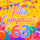 Un GIF animado para un 63º cumpleaños, Muestra el texto 'Feliz Cumpleaños 63' sobre un fondo amarillo vibrante con globos de colores, banderines y una lluvia de confeti.