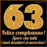 Un GIF animato per un 63° compleanno, Presenta il testo 'Buon Compleanno 63' su uno sfondo giallo vivo con palloncini colorati, festoni e una pioggia di coriandoli.