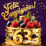 Una animación de celebración de una tarta para el 63º cumpleaños, Estrellas doradas caen del cielo, destacando el texto '¡Feliz Cumpleaños!' y el número dorado 63 en la tarta.