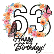 A floral 63rd birthday animated greeting card. The number '63' is surrounded by animated flowers and butterflies, creating a beautiful and cheerful way to celebrate the milestone.
