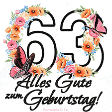 Ein florales GIF zum 63. Geburtstag. Die Zahl '63' ist von animierten Blumen und Schmetterlingen umgeben und bietet eine schöne und fröhliche Art, den Meilenstein zu feiern.