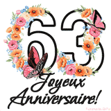 Ce GIF de Joyeux 63ème Anniversaire présente le nombre vingt rempli d'un bouquet vibrant de fleurs animées, avec des papillons qui bougent doucement sur un fond blanc.