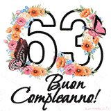 Questo GIF di Buon 63° Compleanno mostra il numero venti riempito con un vibrante bouquet di fiori animati, con farfalle che si muovono dolcemente su uno sfondo bianco.