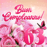 GIF 63 anni con animazione di farfalla rosa, rose fresche e spettacolari riflessi dorati dietro la scritta di auguri rosa.
