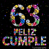 Imagen que muestra el número 63 junto a la frase FELIZ CUMPLE. Los elementos están compuestos de joyas brillantes sobre un oscuro fondo negro.