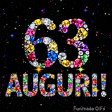 Il numero 63 e l'espressione Auguri disegnati da pietre preziose scintillanti su uno sfondo nero con piccole stelle luminose.