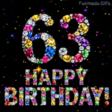 Sparkling multi-colored gems build the digit 63 and Happy Birthday words, contrasting against a black space filled with small flashing bright color sparks.