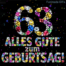 Aus bunten Kristallen geformte Ziffer 63 und der Schriftzug Alles Gute zum Geburtstag vor schwarzem Hintergrund mit kleinen Glitzersternen.