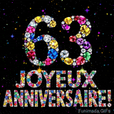 Le chiffre 63 et l'expression Joyeux Anniversaire dessinés par des pierres précieuses brillantes sur un fond noir avec de petites étoiles lumineuses.
