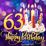 The golden digit 63 next to a cupcake with colorful sprinkles and lit candles. Happy Birthday is written in cursive gold over a blurry purple background.