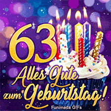 Auf lila Hintergrund leuchtet die Ziffer 63 in Gold neben einem Muffin mit Kerzen. Darunter befindet sich der Text 'Alles Gute zum Geburtstag!'.