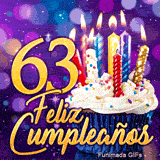 Tarjeta virtual animada 63 años: el número 63 dorado iluminado junto a un cupcake con velas de colores brillantes.