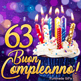 Biglietto virtuale animato 63 anni: il numero 63 dorato illuminato accanto a un cupcake con candele colorate brillanti.
