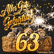 Schokoladentorte mit der Dreiundsechzig, verziert mit einer sprühenden Wunderkerze. Goldsterne fallen sanft auf den Text Alles Gute zum Geburtstag.