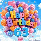 Colorful polka dot and striped balloons drifting in the air. 3D Happy Birthday text is featured right above a bright blue number 63.