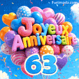 Des ballons colorés à pois et à rayures dérivent dans l'air. Le texte 3D Joyeux Anniversaire figure juste au-dessus du grand chiffre bleu 63.