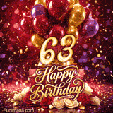 Colorful balloons gift boxes and blooming roses highlight the golden number 63 while Happy Birthday lettering and confetti sparkle on a red background