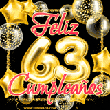 Animación de un GIF con el número 63 en dorado, rodeado de estrellas, burbujas brillantes y la frase 'Feliz cumpleaños' en letras modernas y festivas.