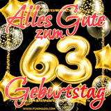 A vibrant greeting card featuring colorful balloons in the background with the large number '63' and the words 'Happy Birthday!' in glowing, bold text