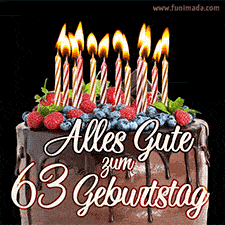 Das Geburtstags-GIF zeigt einen Schokoladenkuchen mit Beeren und Kerzen zur Feier eines 63. Geburtstags.