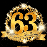 A golden 63rd birthday GIF features a decorative circle and ribbon. The design sparkles with light and gold accents against a black background.
